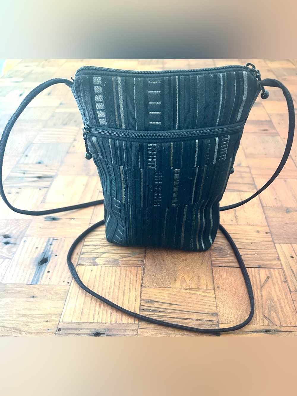 MARUCA ‘L’il Buddy’ Artsy Jacquard Crossbody Sling Bag in Black Bark Cloth 2021